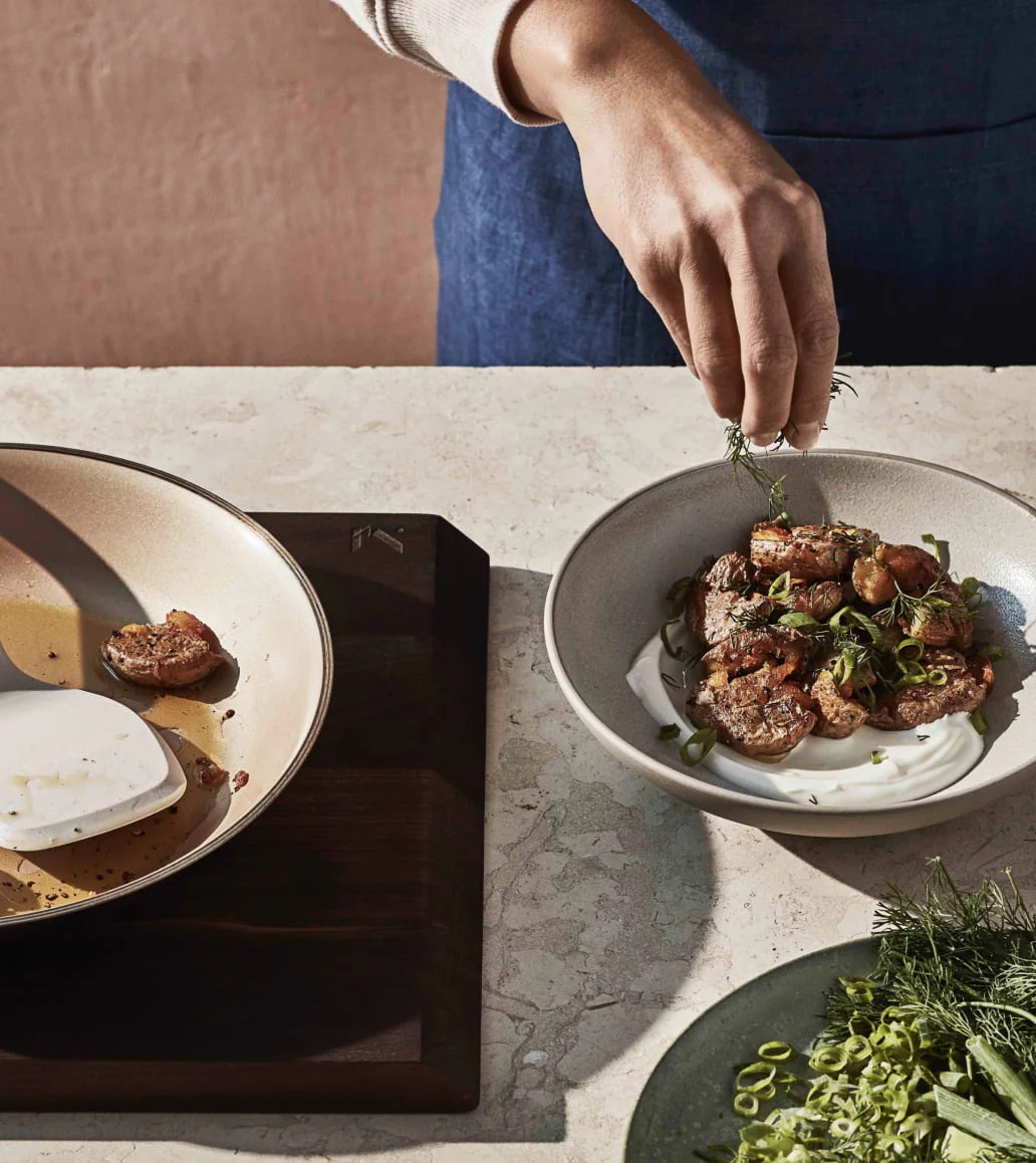 Beautifully plated food on designer dinnerware