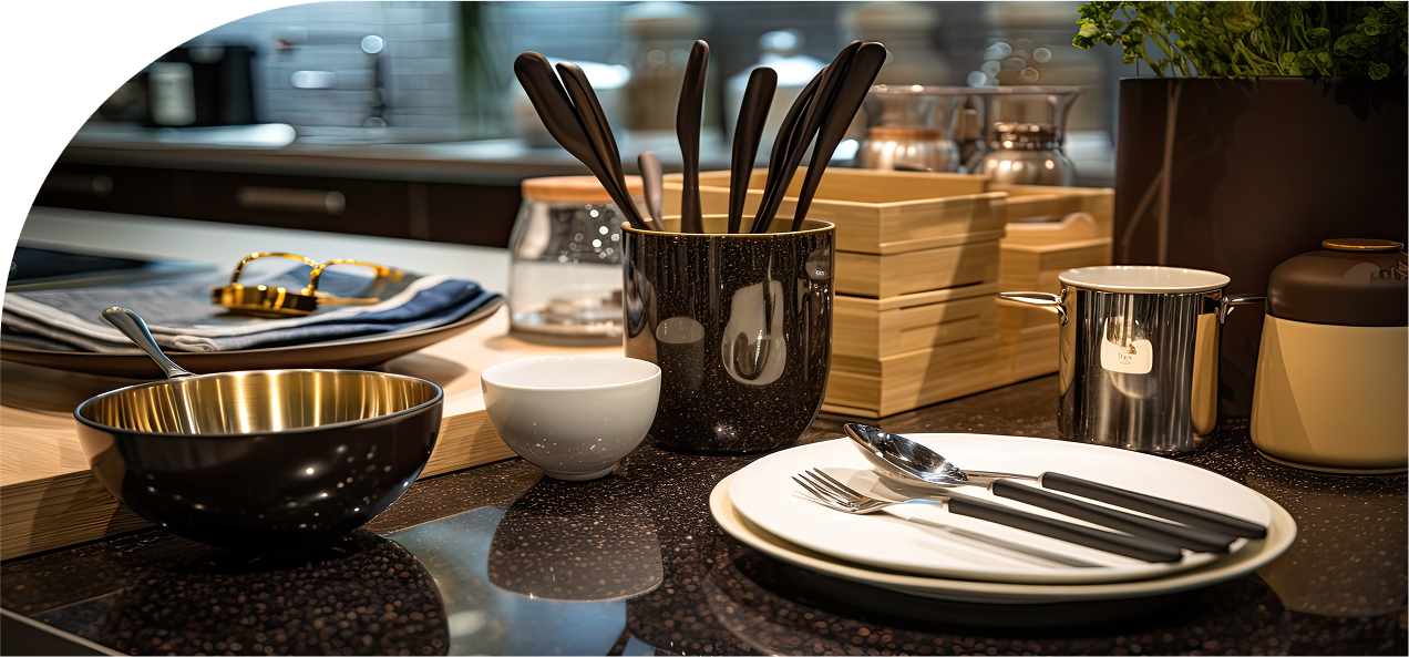 Elegant kitchen setup with wooden bowls, ceramic plates, and golden utensils